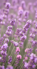 Naklejka premium Soft focus, dreamy view of lavender field with numerous purple flowers in bloom, creating serene and fragrant natural landscape