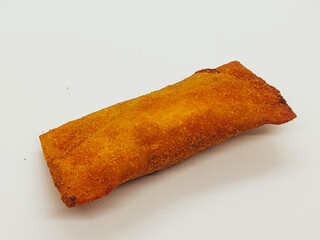 Crispy fried pastry filled with sweet banana and melted chocolate — Indonesian 'piscok' treat.