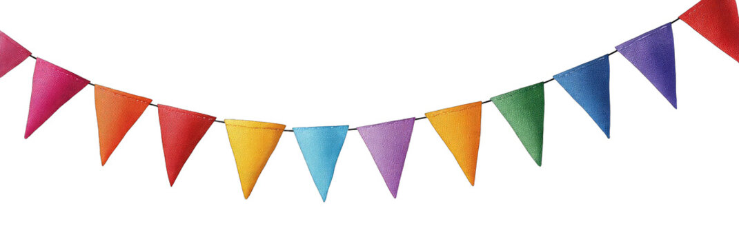 Colorful triangular pennants strung in a festive garland