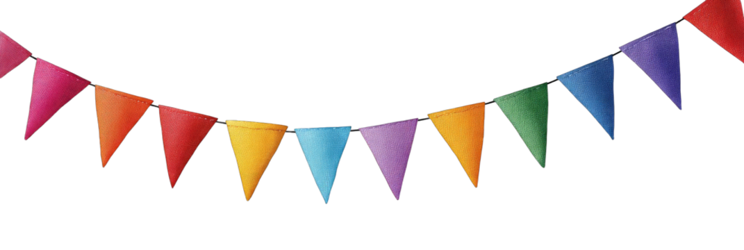 Colorful triangular pennants strung in a festive garland