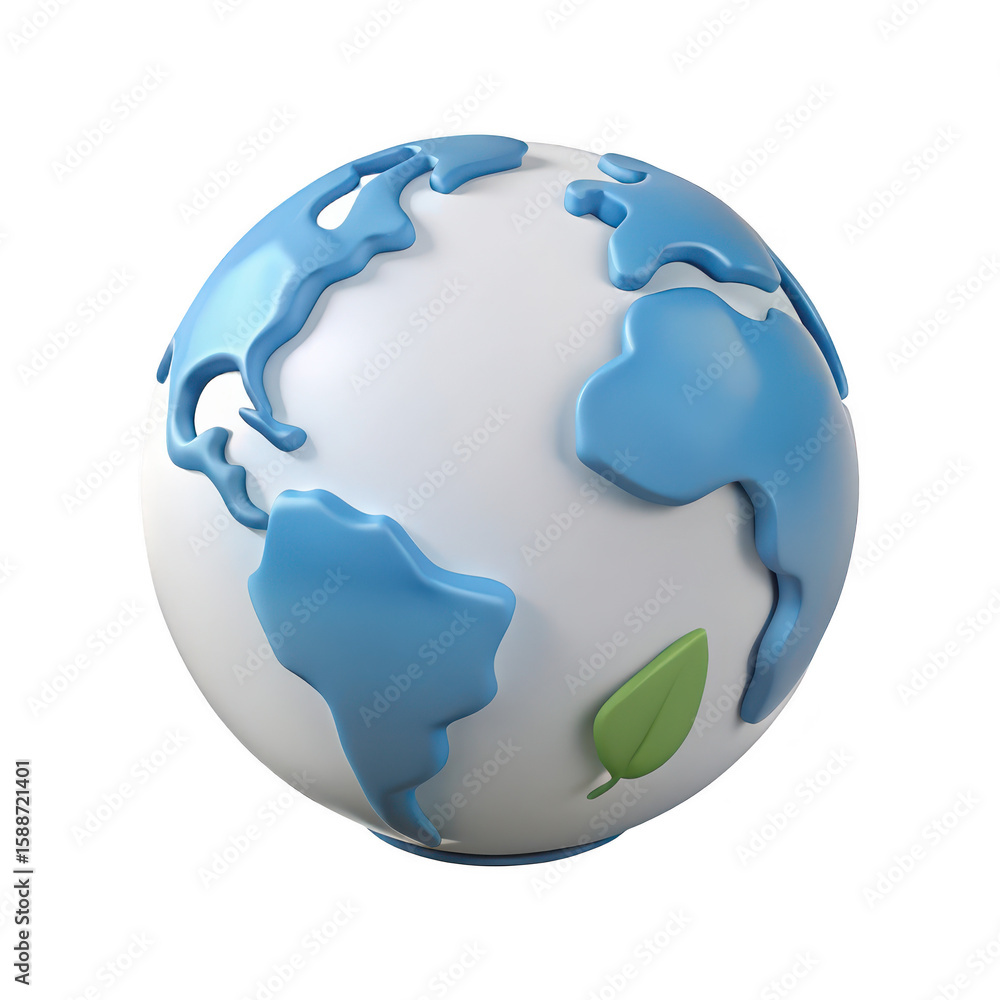 Poster stylized 3d rendering of planet earth with blue continents and a green leaf isolated on transparent 