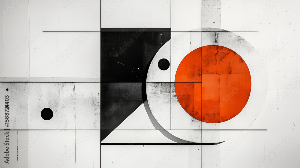 Poster geometric abstract orange circle black triangle intersecting black lines on white tiled background