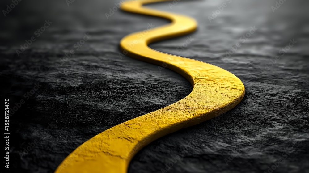 Poster winding yellow path curves across dark textured surface creating striking contrast and leading line 
