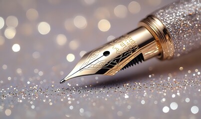 Luxury golden fountain pen nib on glittering silver background with soft bokeh lights, elegant writing instrument macro photography for stationery and luxury goods marketing.