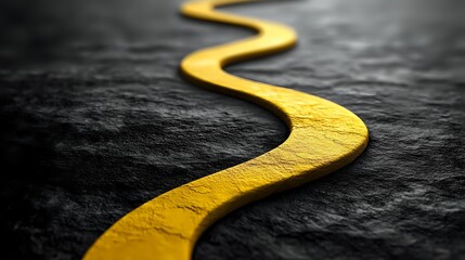 Winding yellow path curves across dark textured surface creating striking contrast and leading line composition. Metaphor for journey, direction and progress.