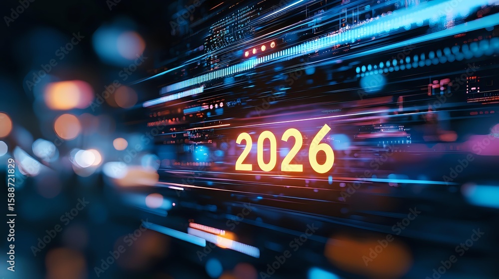 Poster glowing neon 2026 number against futuristic digital background with motion blur effect, blue and pin