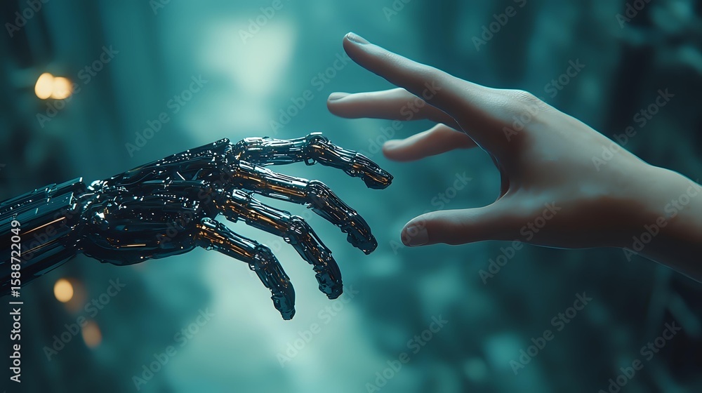 Poster robotic and human hands reaching towards each other against mystical teal background with bokeh ligh