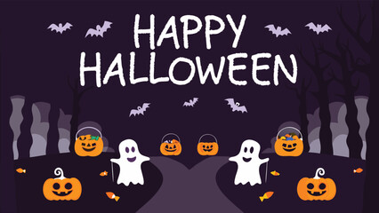 Happy halloween scene with ghosts, pumpkins, bats, and candy buckets on a dark purple background design