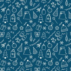 Seamless pattern with New Year doodles. Includes Christmas tree, gifts, mittens, party hats, snowflakes, candy, and decorations. Vector pattern, hand drawn, outline.