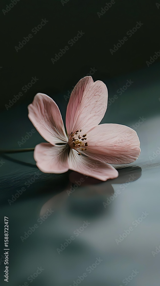 Poster delicate pink cherry blossom flower on dark background with soft reflection. macro photography with 