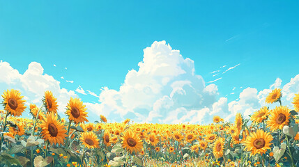 Sunflowers Under Blue Sky: A vibrant field of sunflowers stretches to the horizon under a brilliant blue sky, punctuated by fluffy white clouds, creating a breathtaking summer landscape. 