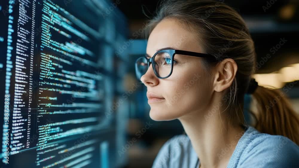 Poster focused programmer and woman analyzing code on screen, showcasing technology and concentration