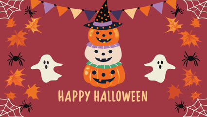 Happy halloween illustration with stacked pumpkins ghosts spiders and autumn leaves on a red background