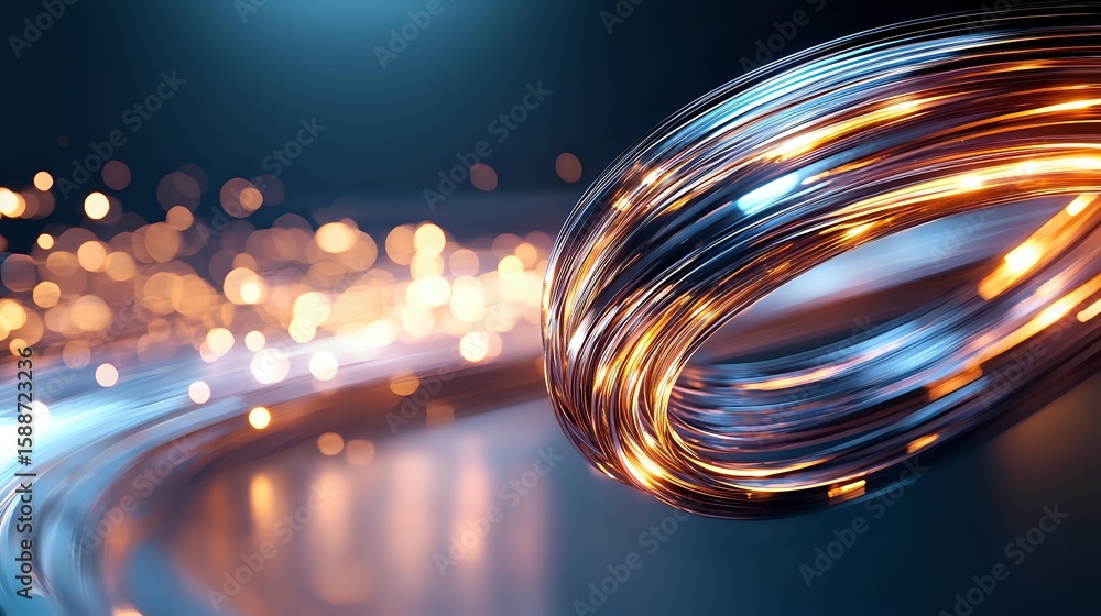 Poster glowing spiral light trails with golden and blue streaks against dark background with bokeh effect c