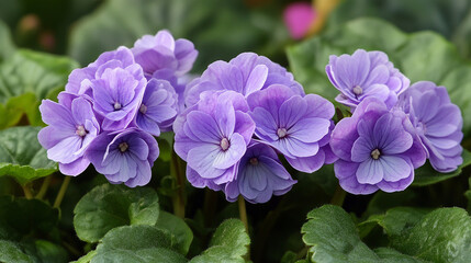 Purple Primula Blossoms: Capturing the delicate beauty of spring, a close-up shot of vibrant purple primula flowers in full bloom reveals intricate details and textures.
