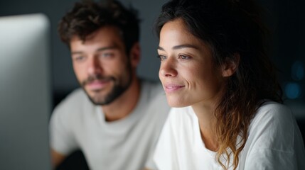 Obraz premium Young couple looking at computer screen at night, searching for real estate listings, contemplating buying or renting property, planning their future home, and making financial decisions