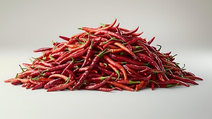 Naklejka premium Fresh red hot chili peppers in large pile on neutral background, raw spicy cayenne or thai chilies for cooking and seasoning food. Isolated macro shot.