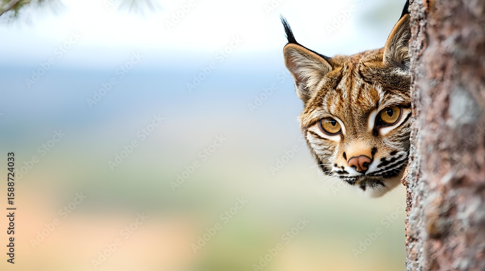 Poster wild bobcat peering from behind tree trunk in natural habitat, close up portrait showing distinctive