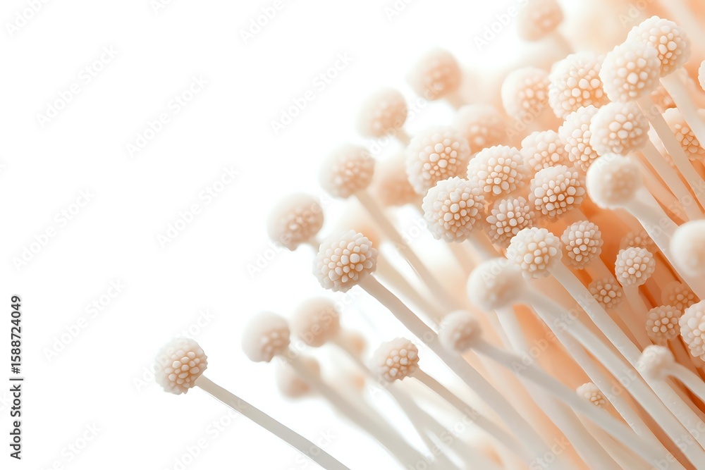Poster delicate white textured spheres on long stems against soft peach background create abstract macro co