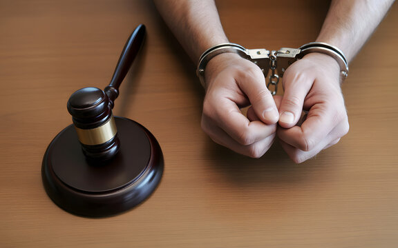 Gavel and handcuffed hands depict legal consequences, representing justice, law, and potential imprisonment in a courtroom setting.