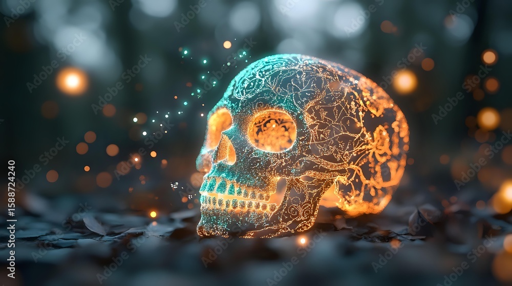Poster glowing ornate skull with intricate patterns illuminated by magical turquoise and orange light again