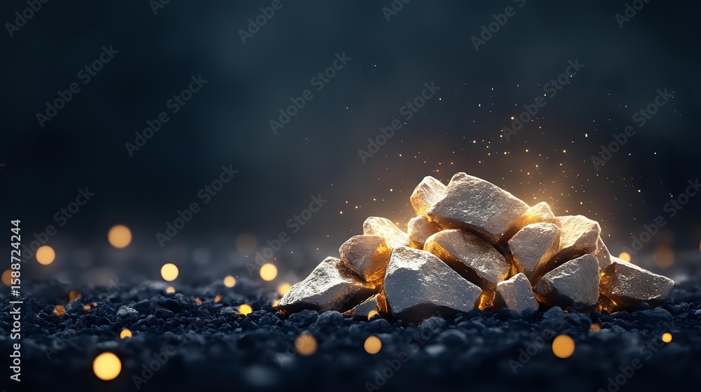 Poster glowing golden nuggets on dark textured surface with magical sparkles and bokeh lights creating myst