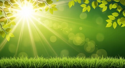 Obraz premium Vibrant Green Nature Background with Sun Rays, Leaves, and Lush Grass