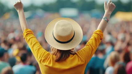 Young woman wearing a straw hat and a yellow shirt raising her arms and enjoying live music at a crowded festival