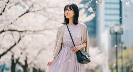 桜を見ながら歩く女性