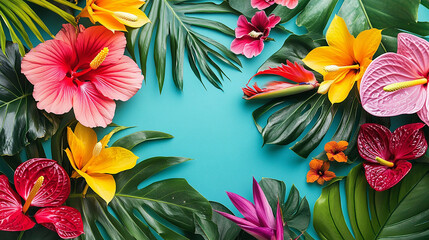 Tropical Flowers and Leaves Border: Vibrant hibiscus, anthurium, and other exotic flowers create a lush, colorful border against a teal background, perfect for summer designs and tropical themes.