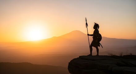 Silhouette of a warrior at sunrise atop a mountain peak.