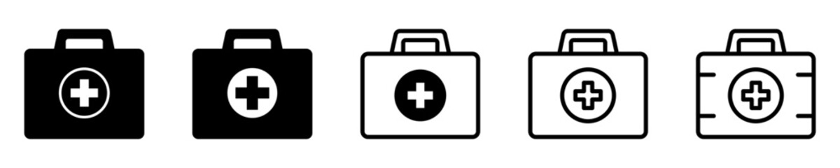 First aid box icon, medical briefcase icons set.