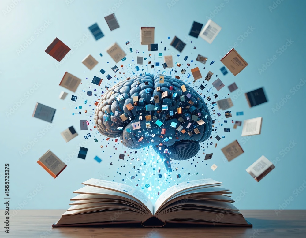 Poster an open book with a brain above it and floating books around it on a light blue background concept a