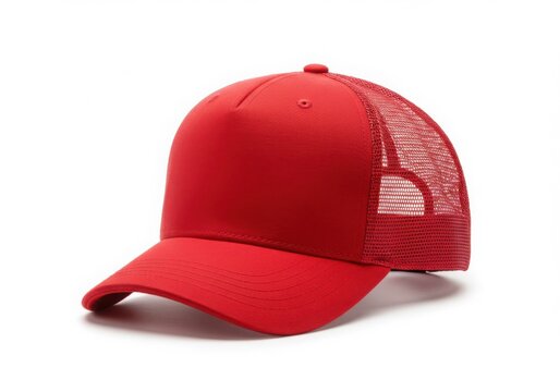 A vibrant red trucker hat with a mesh back isolated on white background
