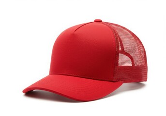 A plain red trucker hat with a mesh back isolated on white background
