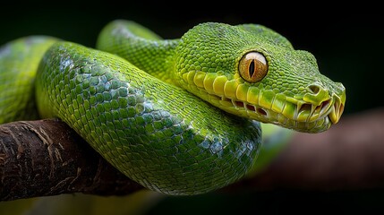 Fototapeta premium Emerald serpent amber eyes coiled on branch green snake