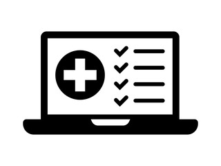 Fototapeta premium Online health, computer medical report icon. Health care diagnosis laptop icon design template.