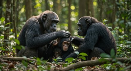 Fototapeta premium In a dense forest, two chimpanzees tenderly groom a baby chimp, showcasing familial care.