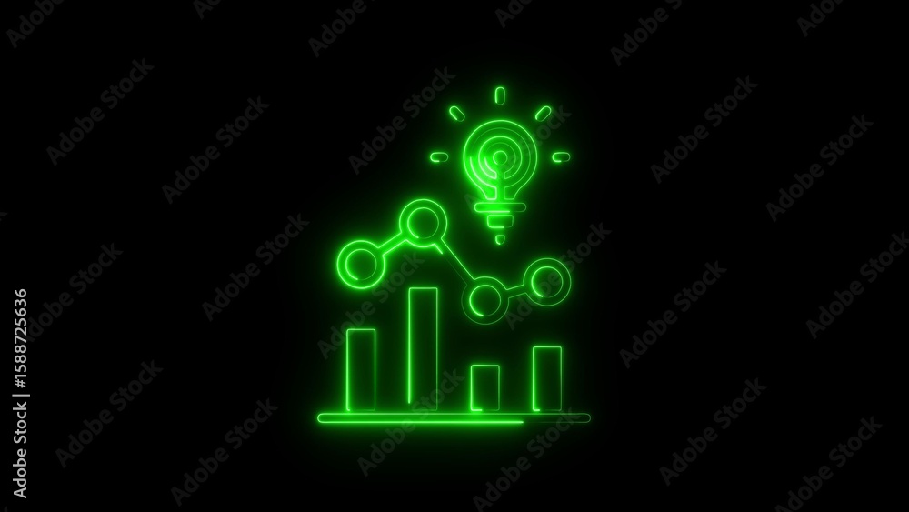 Poster green neon light bulb idea with bar graph and data analysis on black background