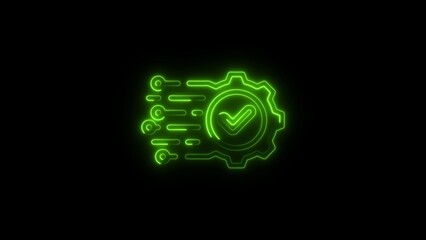 Green Neon Gear Checkmark Icon on Black Background
