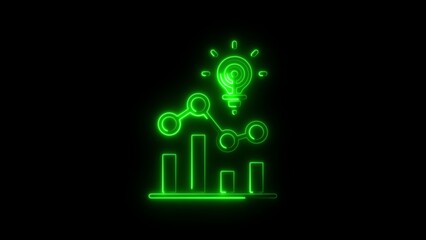 Green neon light bulb idea with bar graph and data analysis on black background