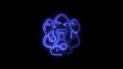 Neon Blue Science Icon with Flask and Atom on Black Background