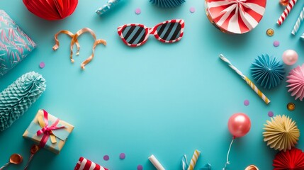 Fototapeta premium Flat lay arrangement of colorful birthday party decorations including balloons, confetti, candles, streamers, and gift boxes on a vibrant pastel background