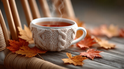 Cozy tea cup with knitted cover on rattan chair surrounded by autumn leaves and warm sunlight