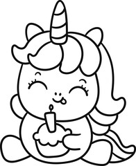 Cute Kawaii Unicorn with Birthday Cupcake – Cartoon Vector Illustration