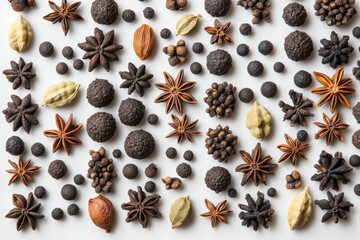 An overhead shot showcasing a variety of whole spices arranged in a repeating pattern on a white background.