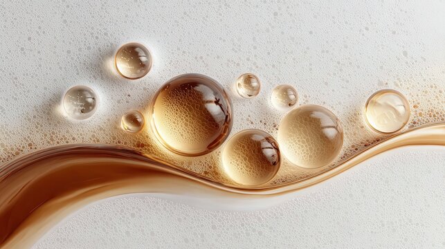 Golden spheres varying in size nestled on undulating white foam surface, creating luminous abstract scene with textural light play and dimensional depth - Powered by Adobe