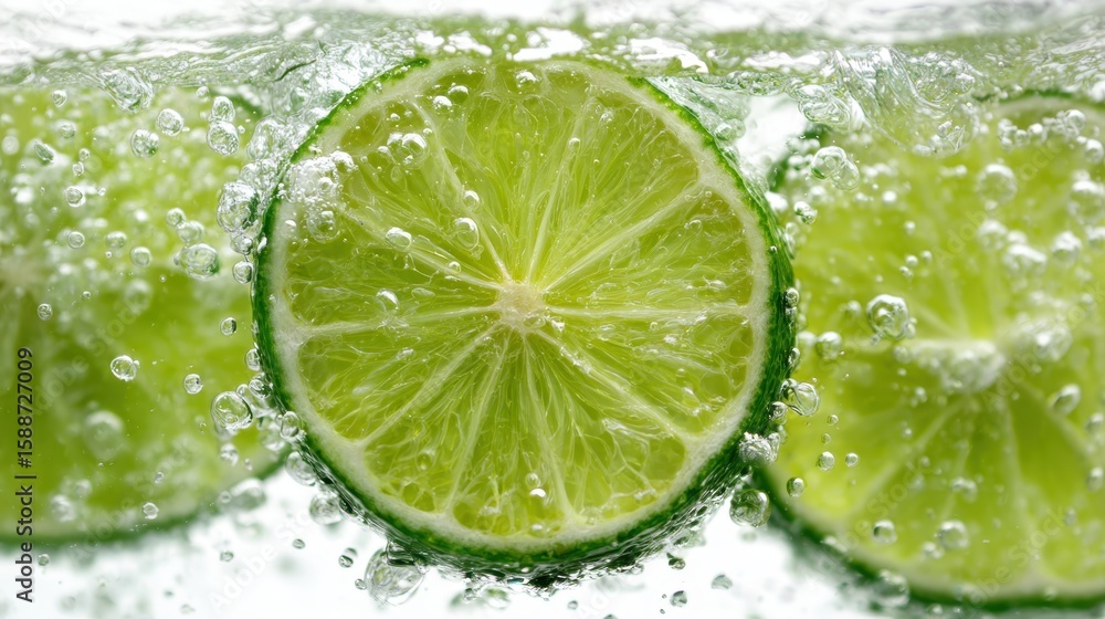 Poster lime slices floating in carbonated water, generating effervescent bubbles, representing crisp refres