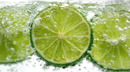 Lime slices floating in carbonated water, generating effervescent bubbles, representing crisp refreshment and summery beverage enjoyment