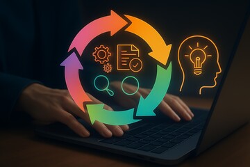 Workflow automation concept shows a person using a laptop with a circular process and idea generation.